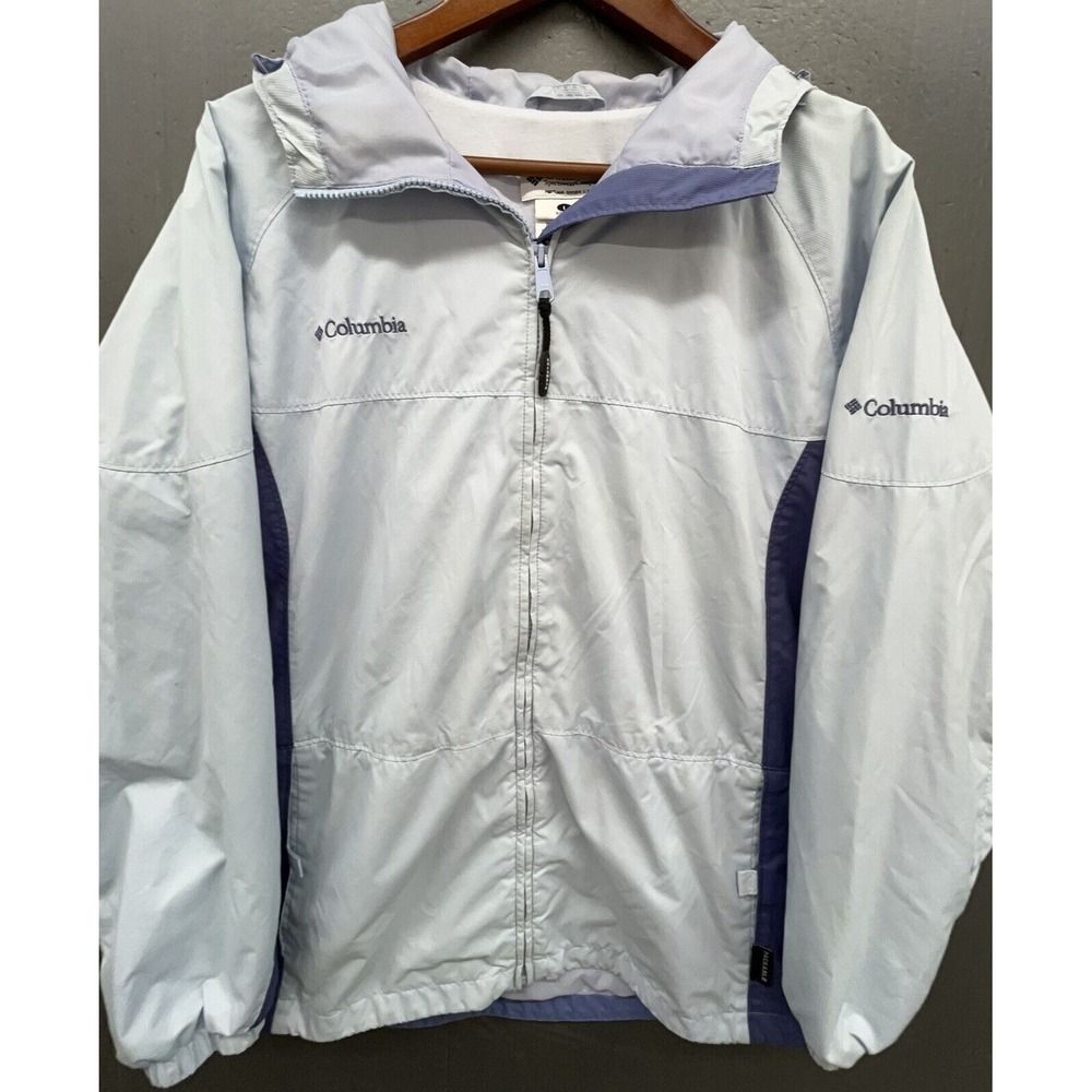 Columbia Jacket Women L Blue Packable Lightweight Zip Hood Pockets Windbreaker